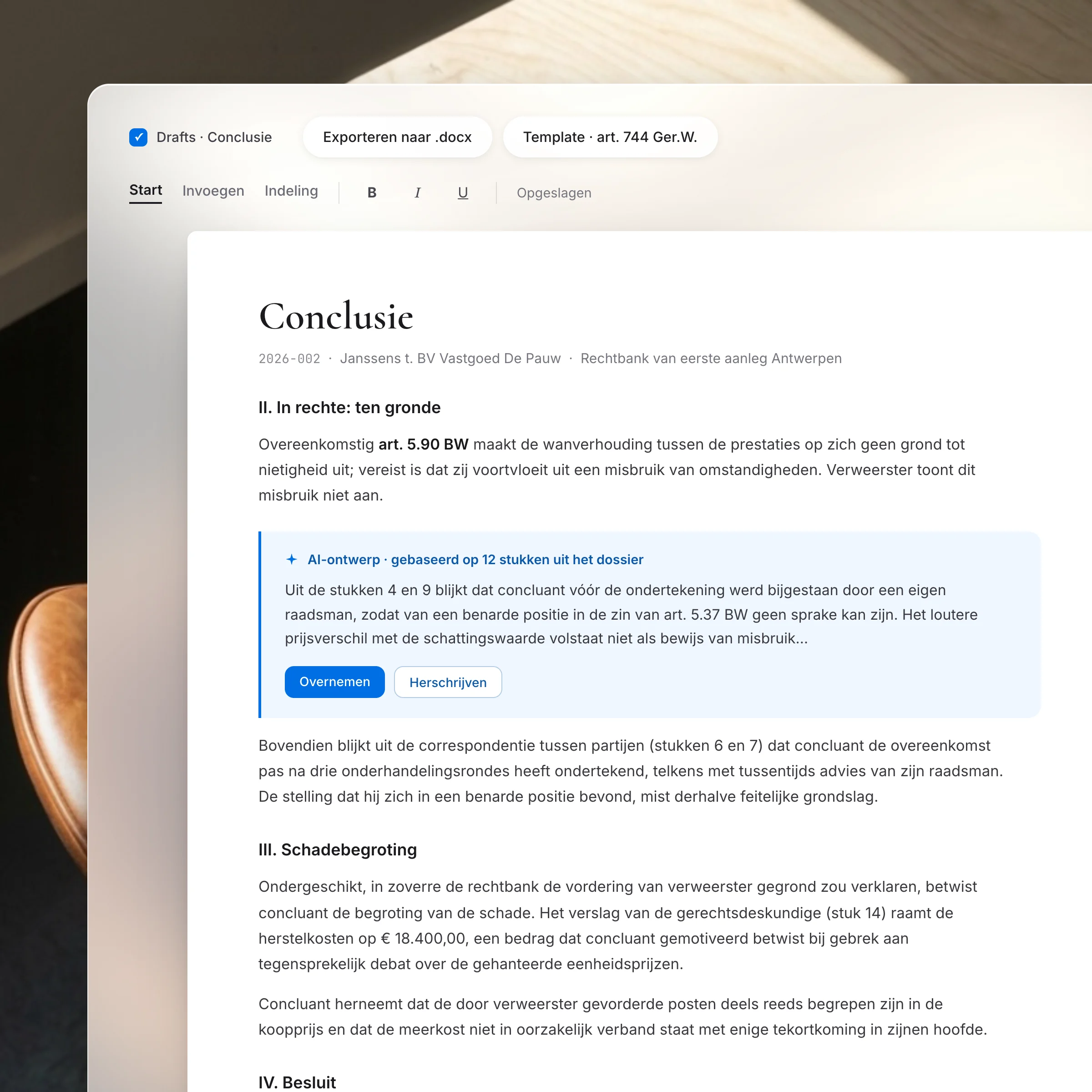 Rectoria drafting-editor: conclusie met structuurpaneel, AI-ontwerpblok en citatenlijst